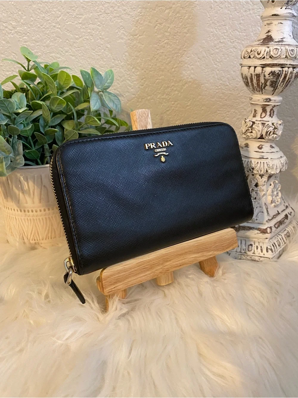 Prada Black Saffiano Zip-Around Wallet with Gold Logo